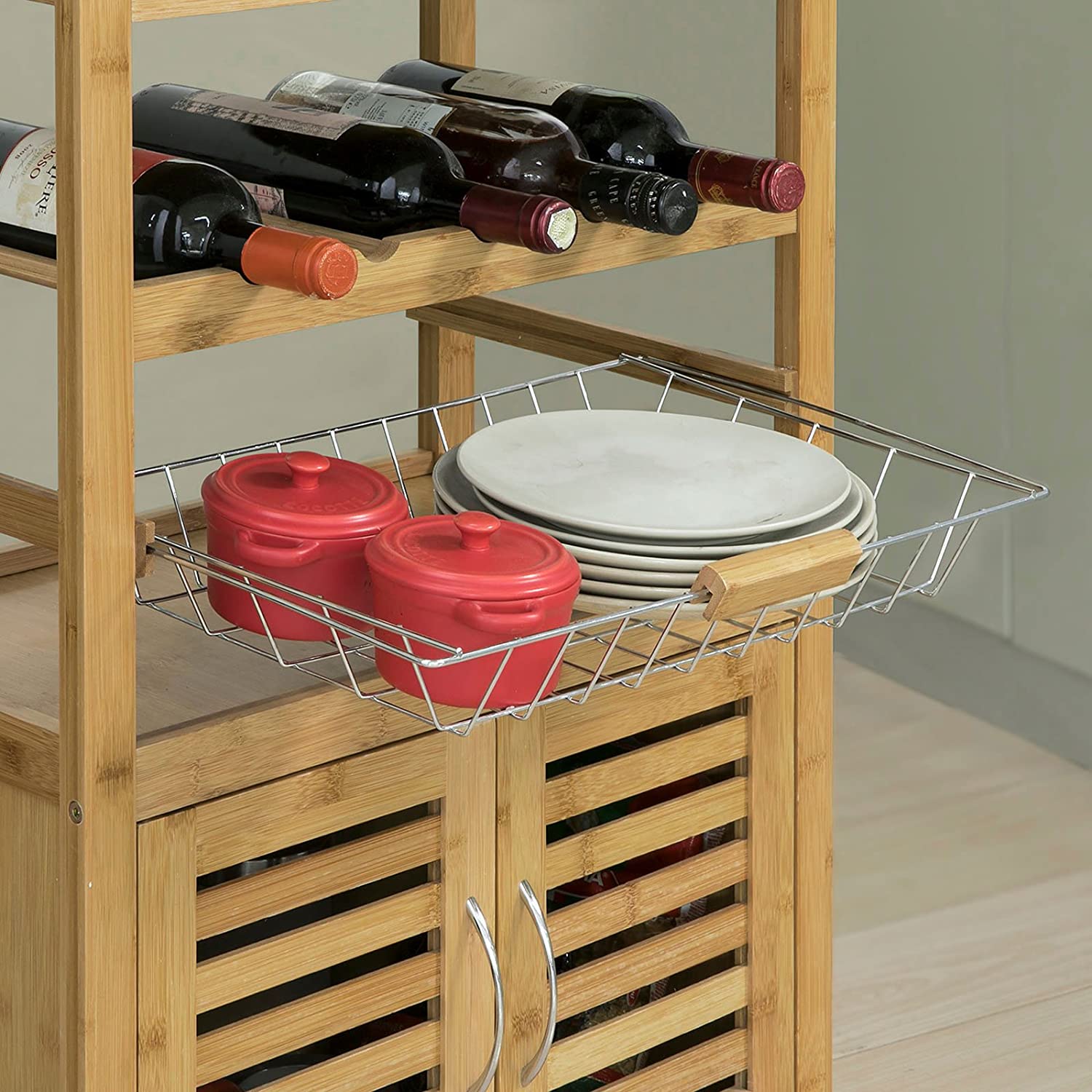 VIKUS Bamboo Kitchen Storage Trolley with Wine Rack