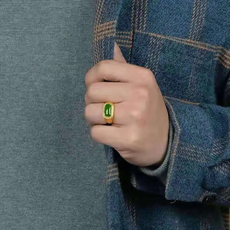 Men's 24K Gold Adjustable Jasper Ring, AU999 | Engraved "Mystery" with hidden star-trail motifs.