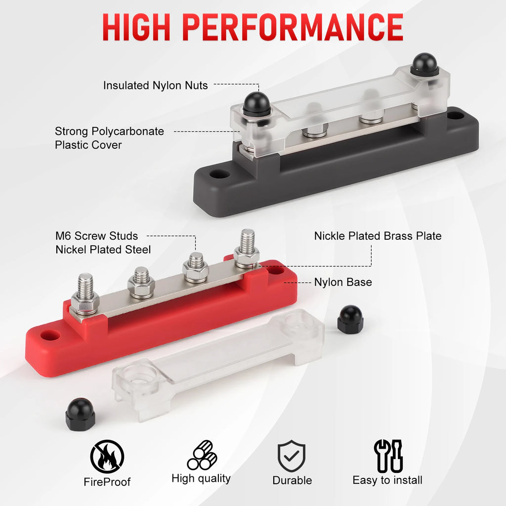 4 Post 48V 150A Power Distribution Block 1/4" M6 Stud Nickel Plated Copper Bus Bar For Marine Car RV Solar Wiring Red Terminal