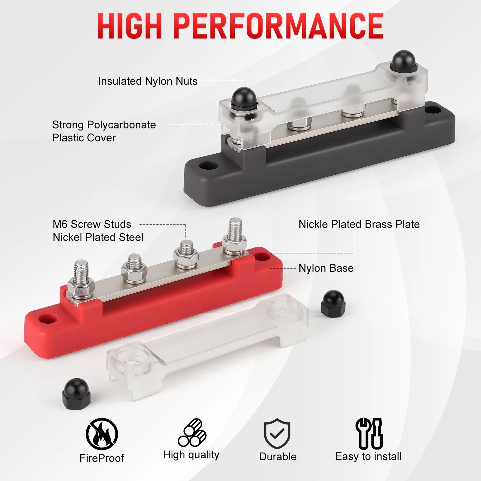 4 Post 48V 150A Power Distribution Block 1/4" M6 Stud Nickel Plated Copper Bus Bar For Marine Car RV Solar Wiring Red Terminal