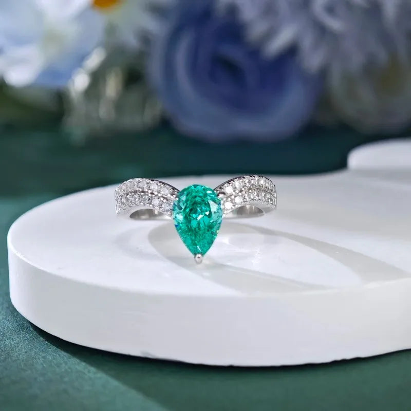 Elnar Jewelry 1.5Ct 6*9mm Pear Cut Green Artificial Gem Ring Solid 925 Sterling Silver Jewelry Wedding Ring HR273