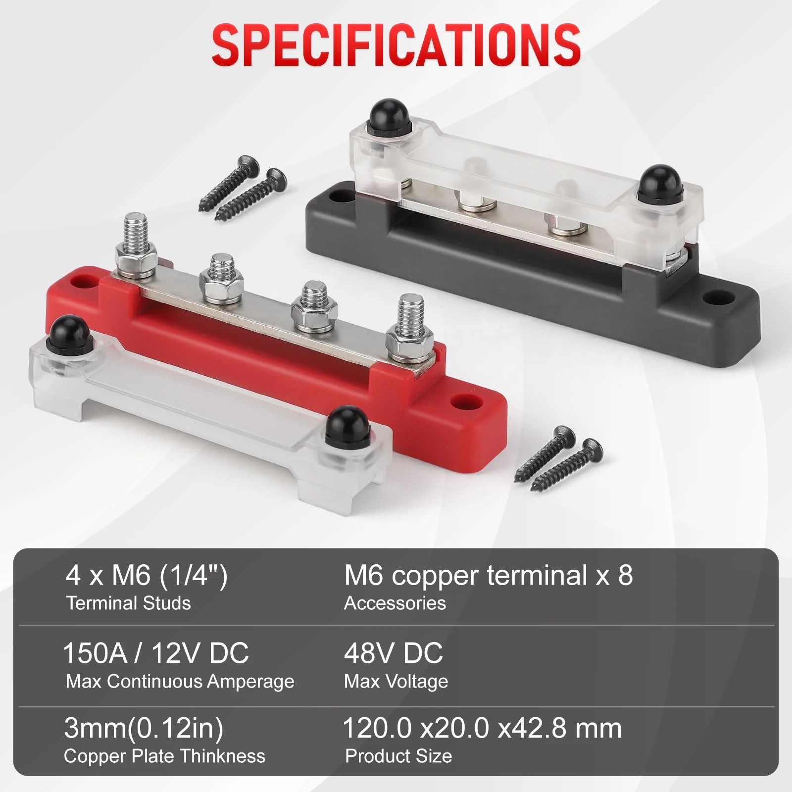 4 Post 48V 150A Power Distribution Block 1/4" M6 Stud Nickel Plated Copper Bus Bar For Marine Car RV Solar Wiring Red Terminal