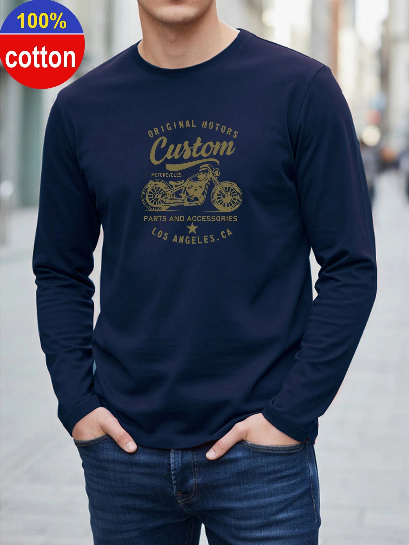 100% pure cotton men's long sleeved round neck loose Motorcycle Tpattern printed spring and autumn casual versatile T-shirt top