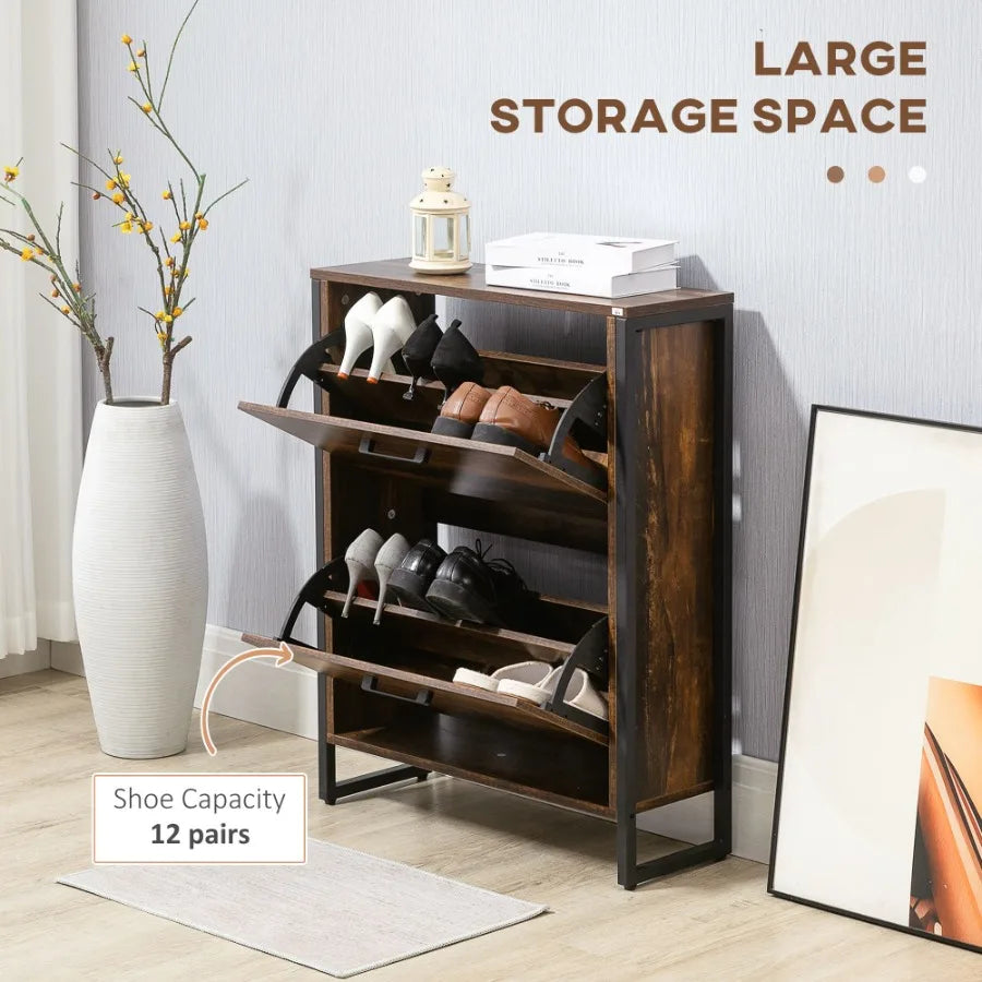 Slim Shoe Cabinet Rustic Brown 2 Flip Doors Divider Compartment Entryway Shoe Organizer