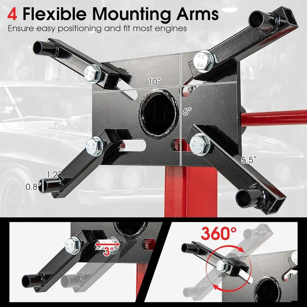 750 lbs Capacity Rotating Engine Stand with Adjustable Arms and Wheels for Auto Repair - Red
