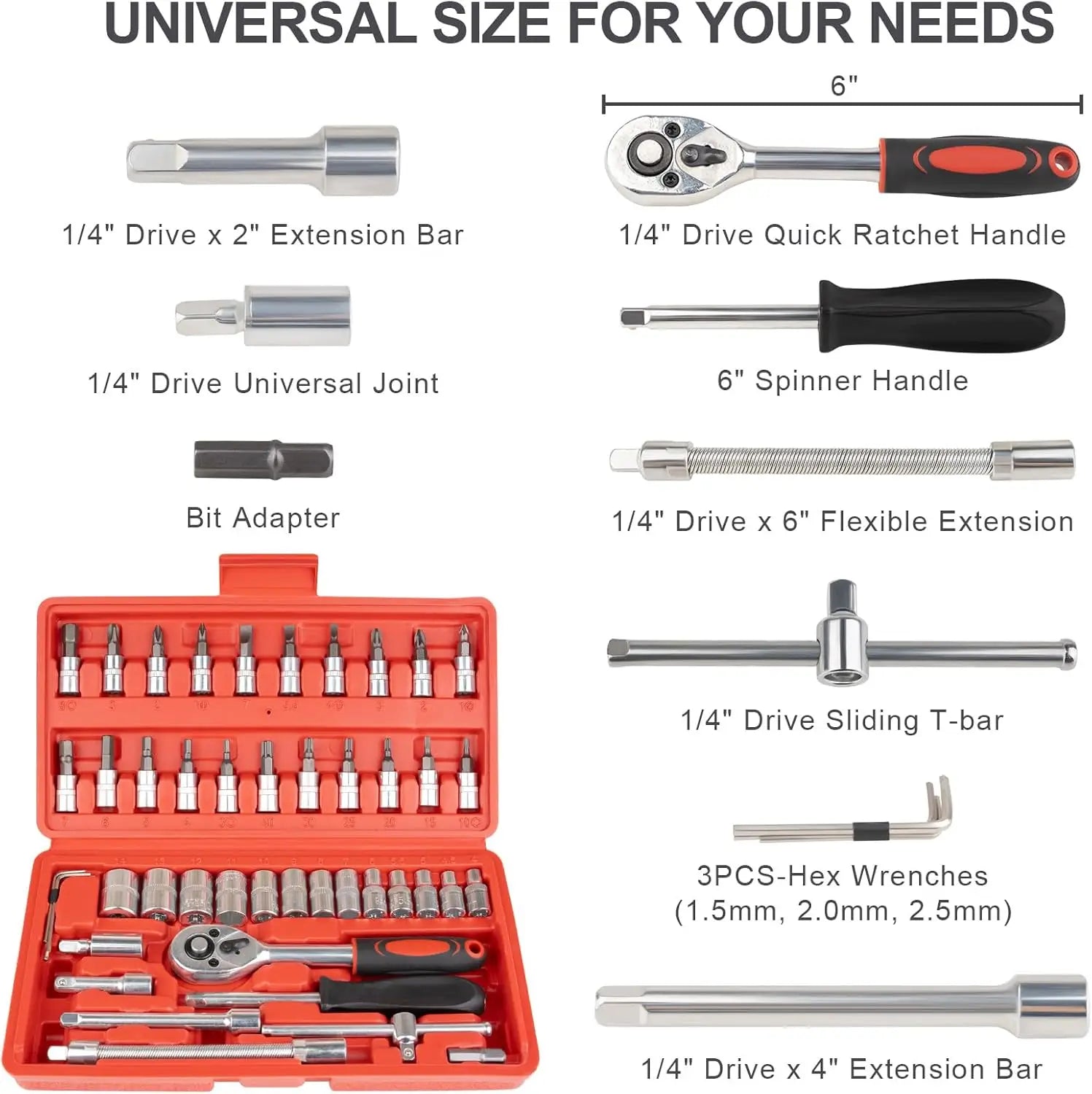 46PCS 1/4 Inch Drive Socket and Ratchet Wrench Set, Small Metric Socket Set with Extension Bar, Compact Tool Kit for Car