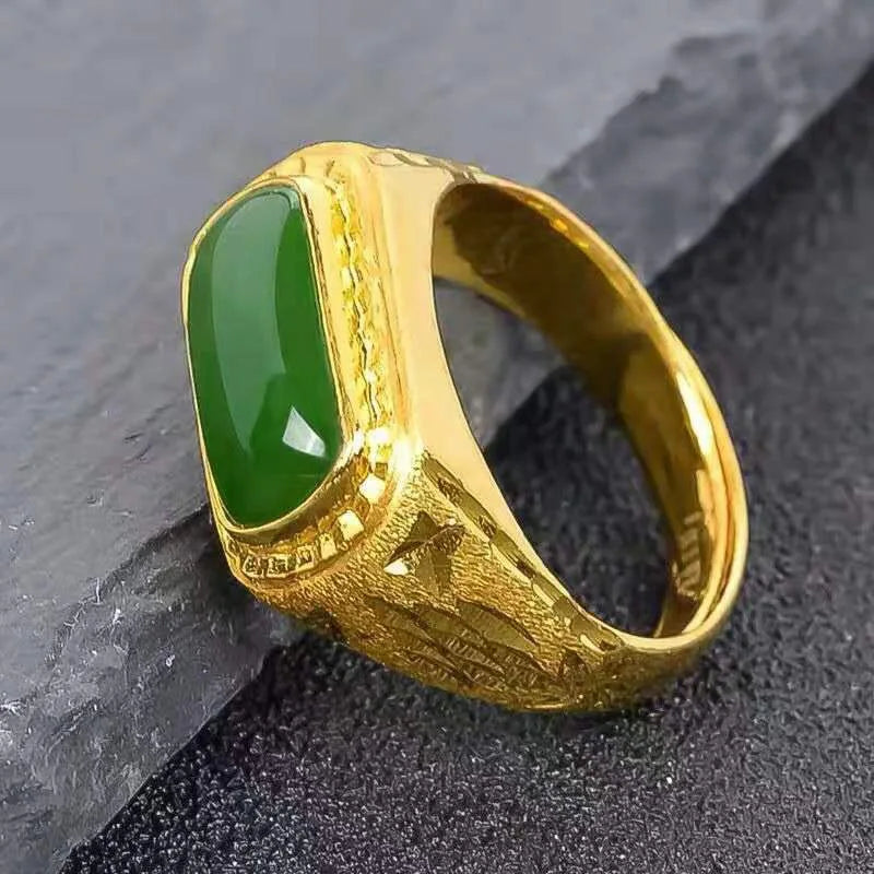 Men's 24K Gold Adjustable Jasper Ring, AU999 | Engraved "Mystery" with hidden star-trail motifs.