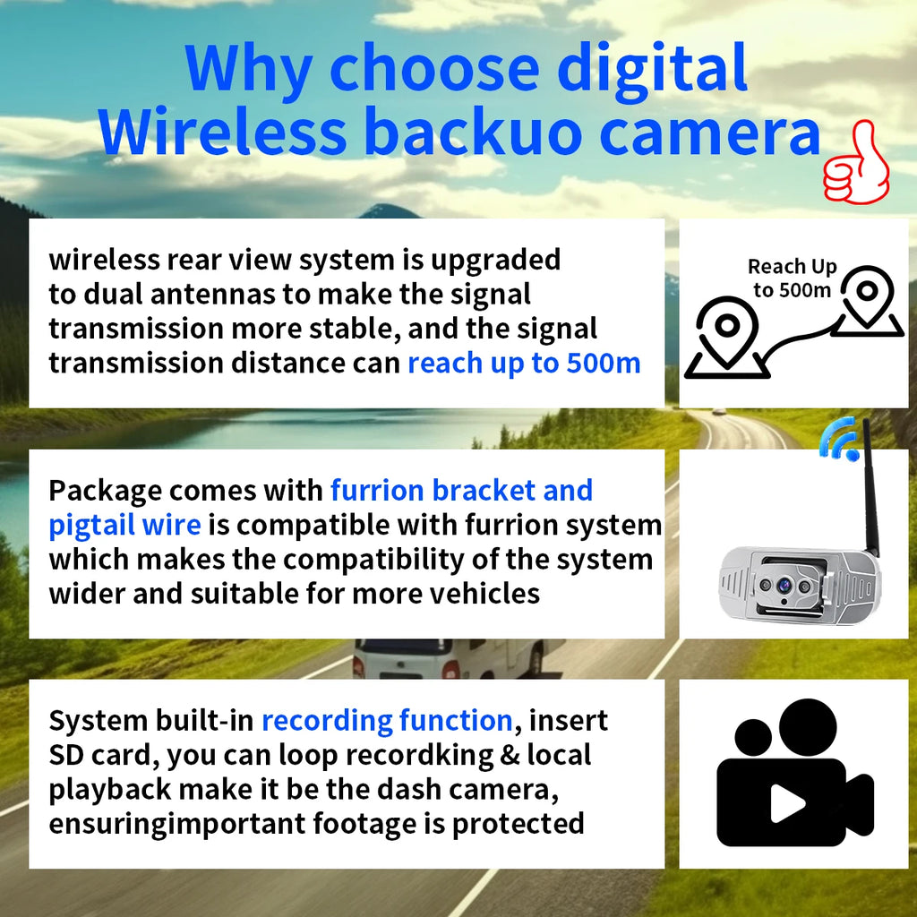 Manufacture Supply AHD 7" Night Vision Wireless Backup Car Reversing Camera Security Parking Video Monitoring for RV Motorhome