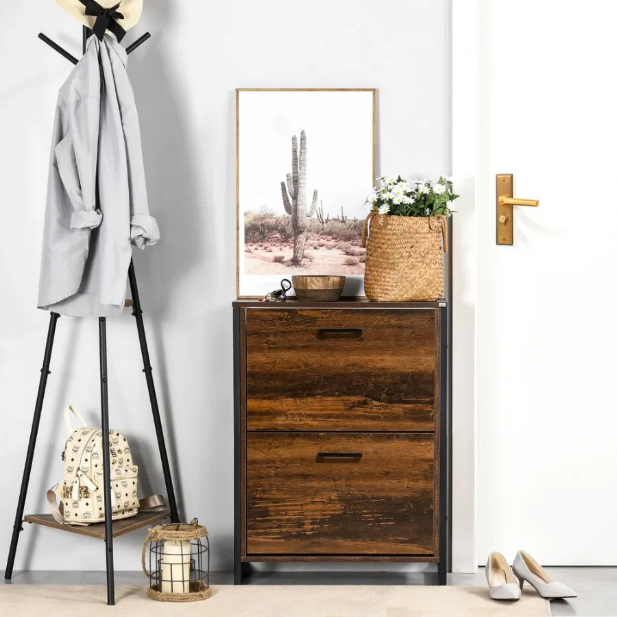 Slim Shoe Cabinet Rustic Brown 2 Flip Doors Divider Compartment Entryway Shoe Organizer