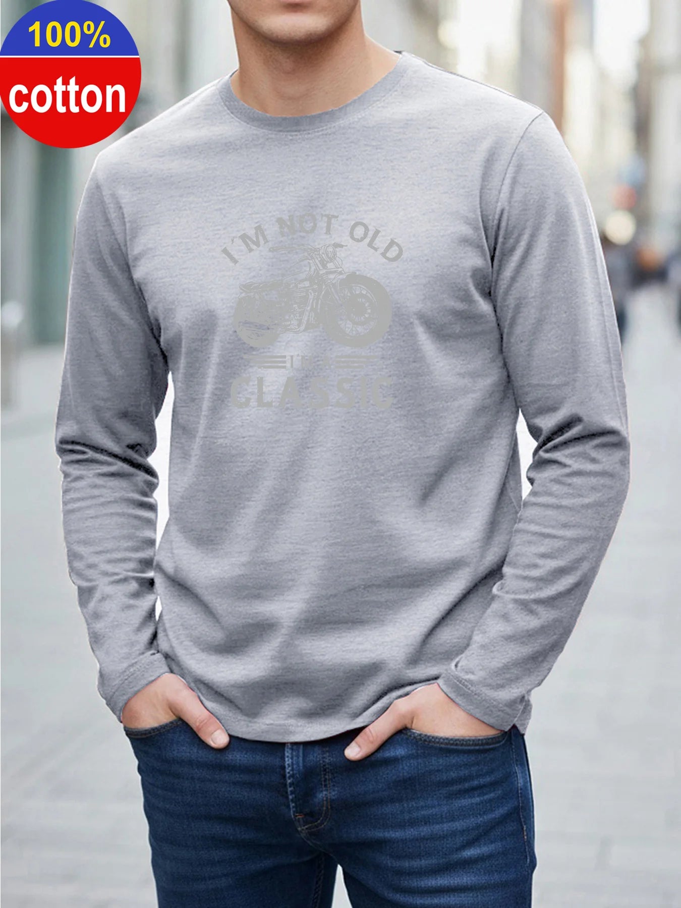 100% pure cotton men's long sleeved round neck loose Motorcycle Tpattern printed spring and autumn casual versatile T-shirt top