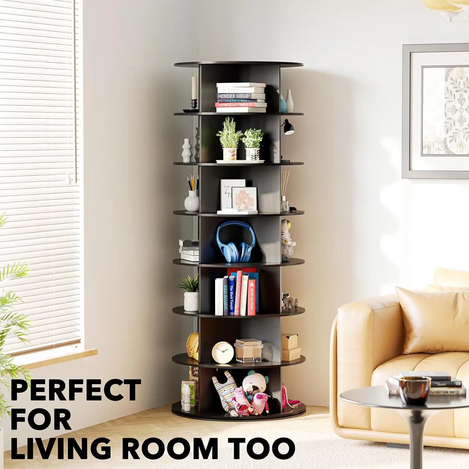 7-Tier Rotating Shoe Rack Tower, 360° Spinning Storage Organizer, Space-Saving Shoe Carousel for Closet, Black