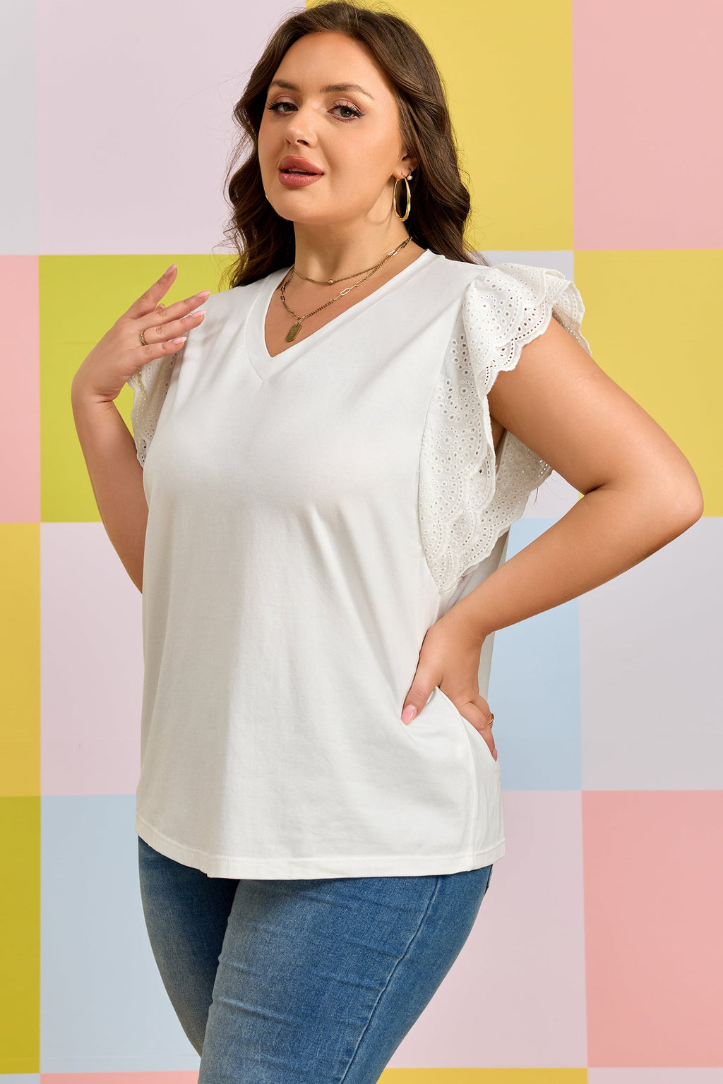 Plus Size Embroidered Eyelet Patchwork Short Sleeve Tee