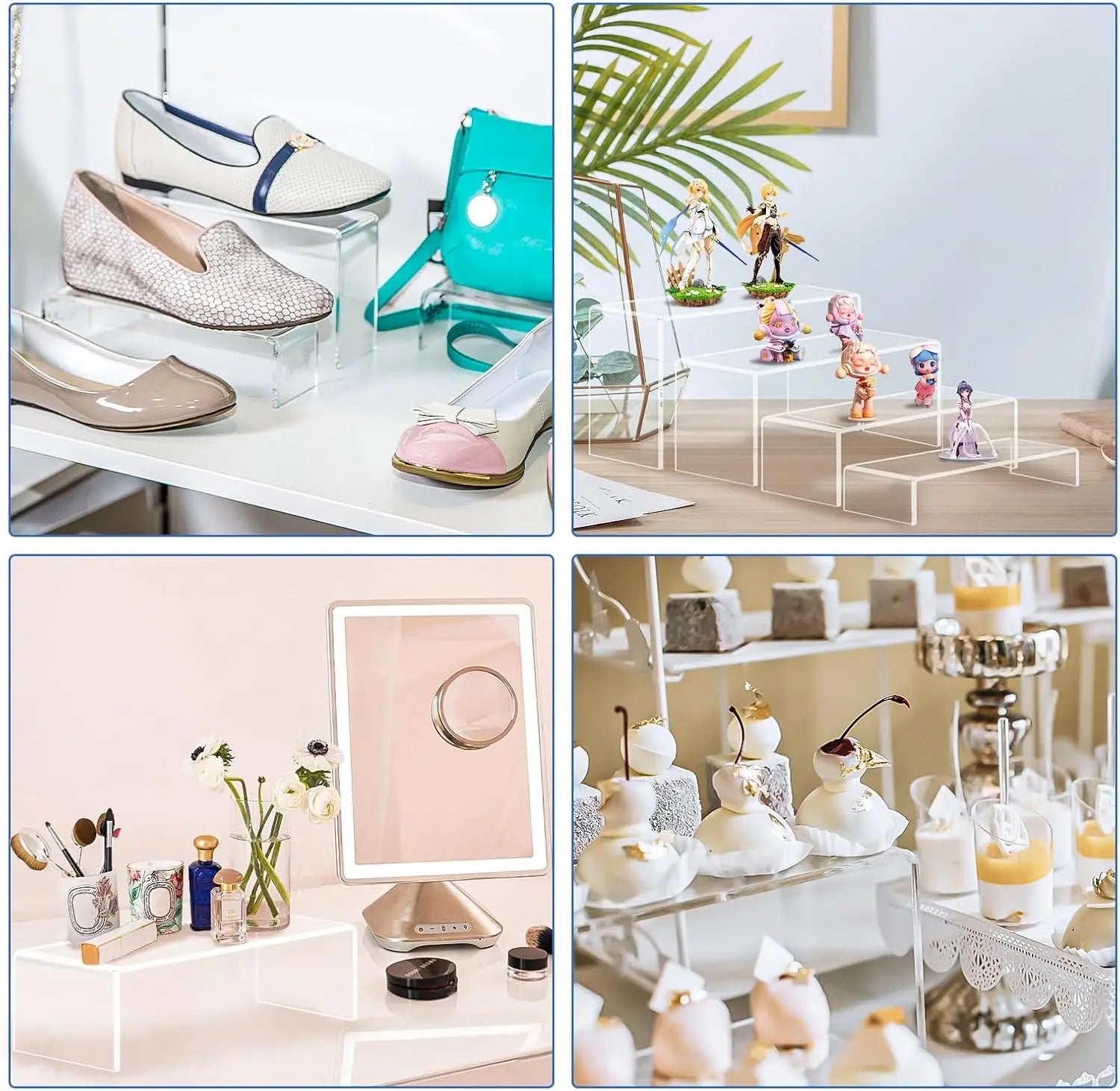 16 Pcs Acrylic Display Risers, 4 Sizes 7-9 inch, Clear Stands for Cupcake, Shoe, Candy Showcase