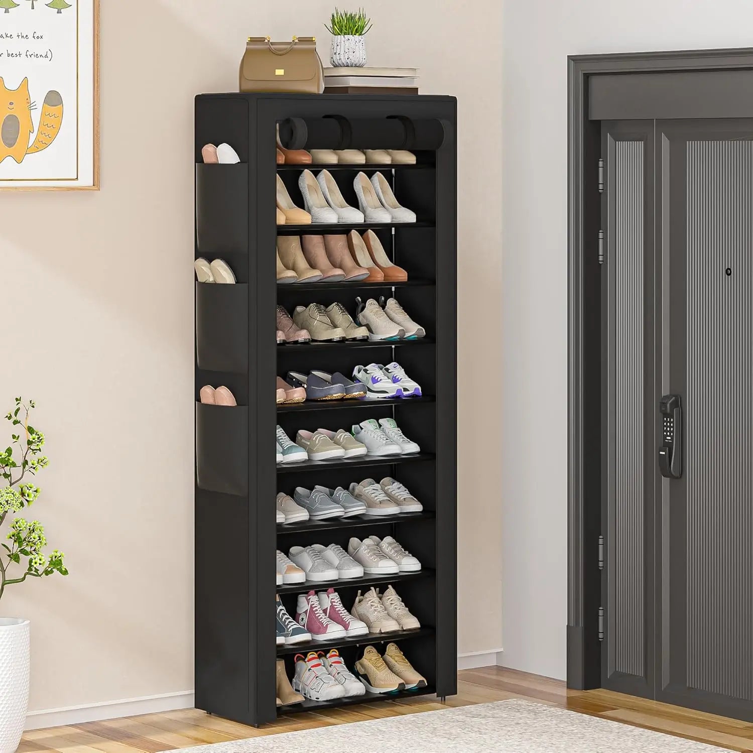 Tall Shoe Rack 10 Tier 36-41 Pairs Black with Side Pockets