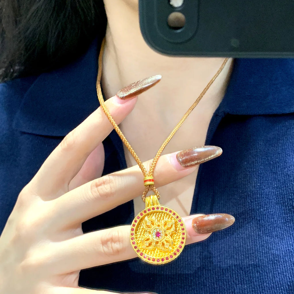 Luxurious 9999 24K real gold rotatable red stone vajra compass necklace high-end retro female pendant