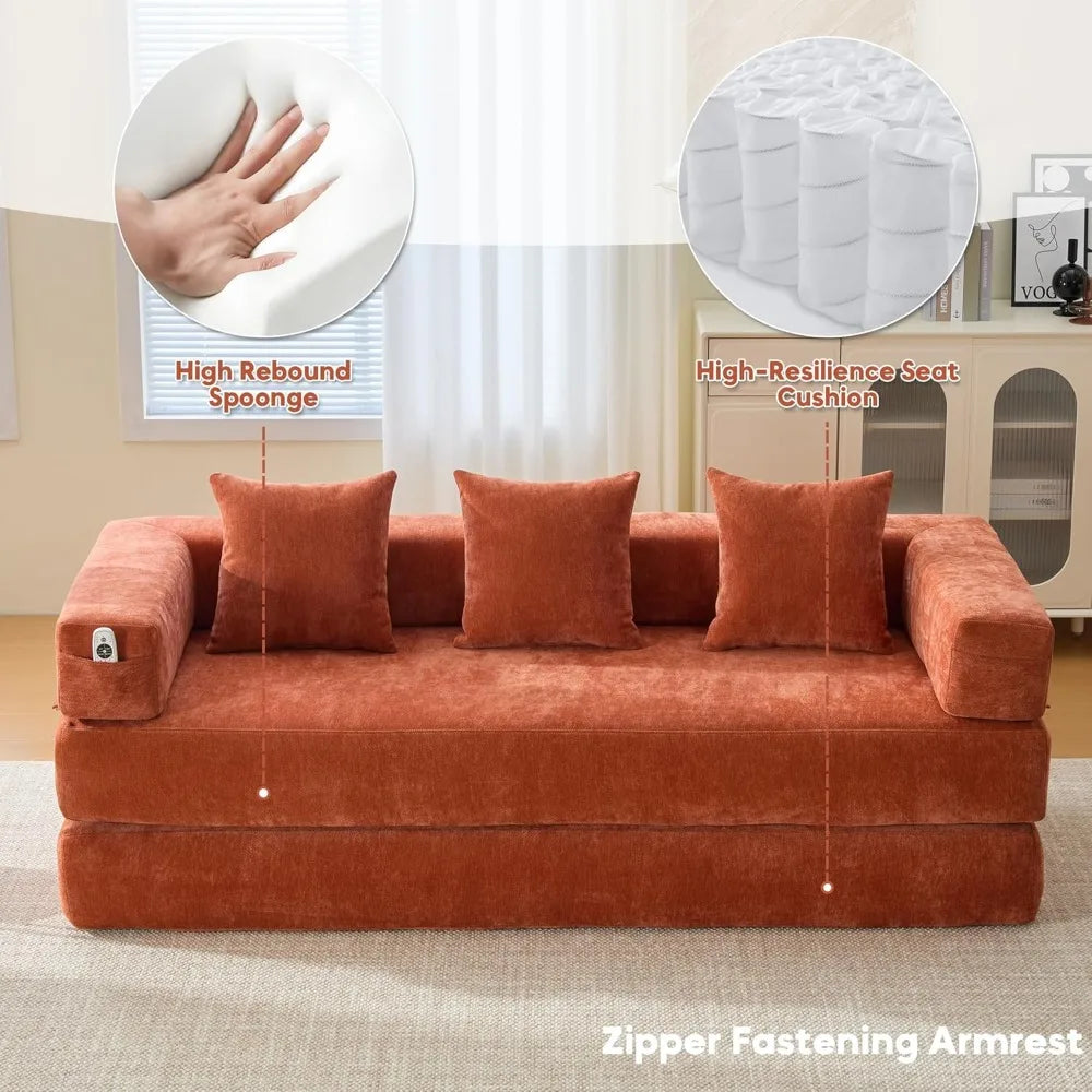 Sleeper Sofa Bed with Storage Pocket, Folding Mattress Sofa with Zipper Closure, Floor Lounge Sofa for Living