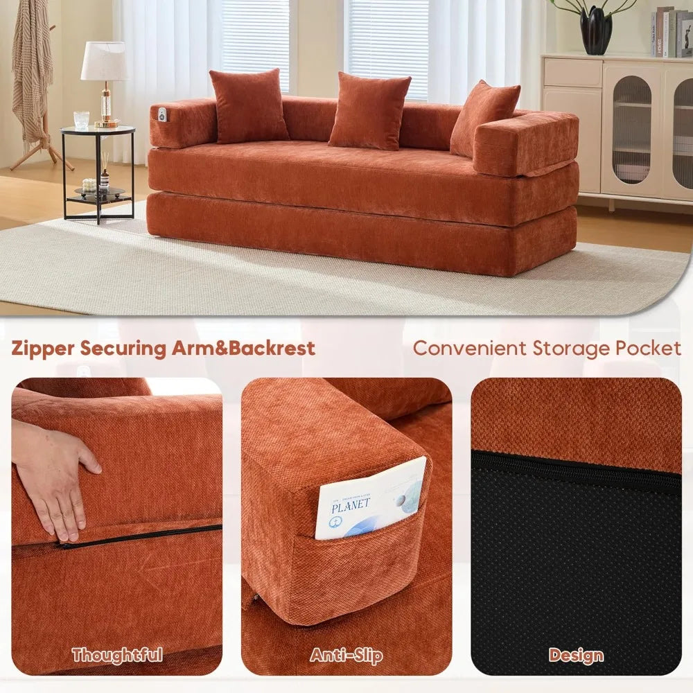 Sleeper Sofa Bed with Storage Pocket, Folding Mattress Sofa with Zipper Closure, Floor Lounge Sofa for Living