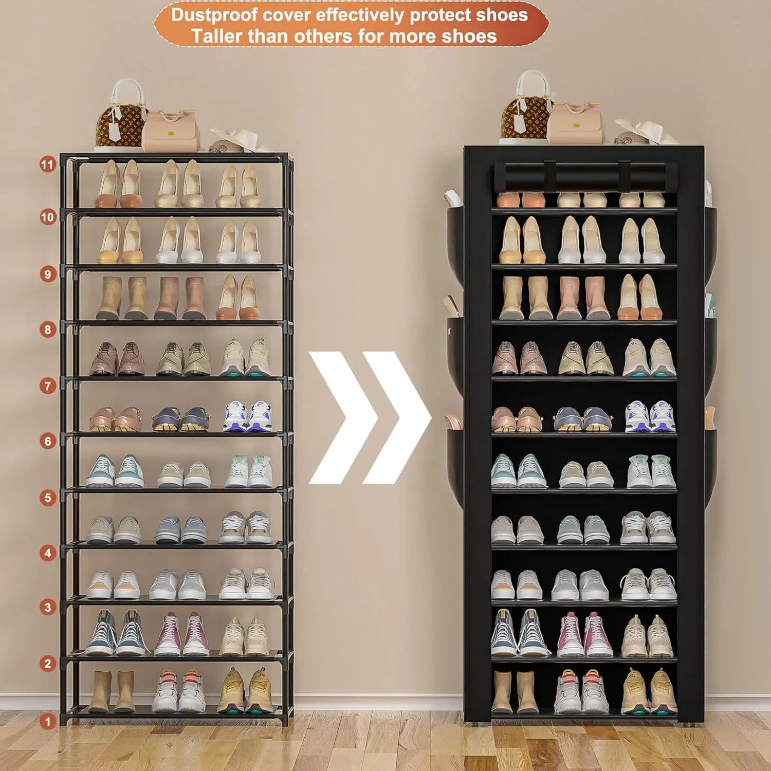 Tall Shoe Rack 10 Tier 36-41 Pairs Black with Side Pockets