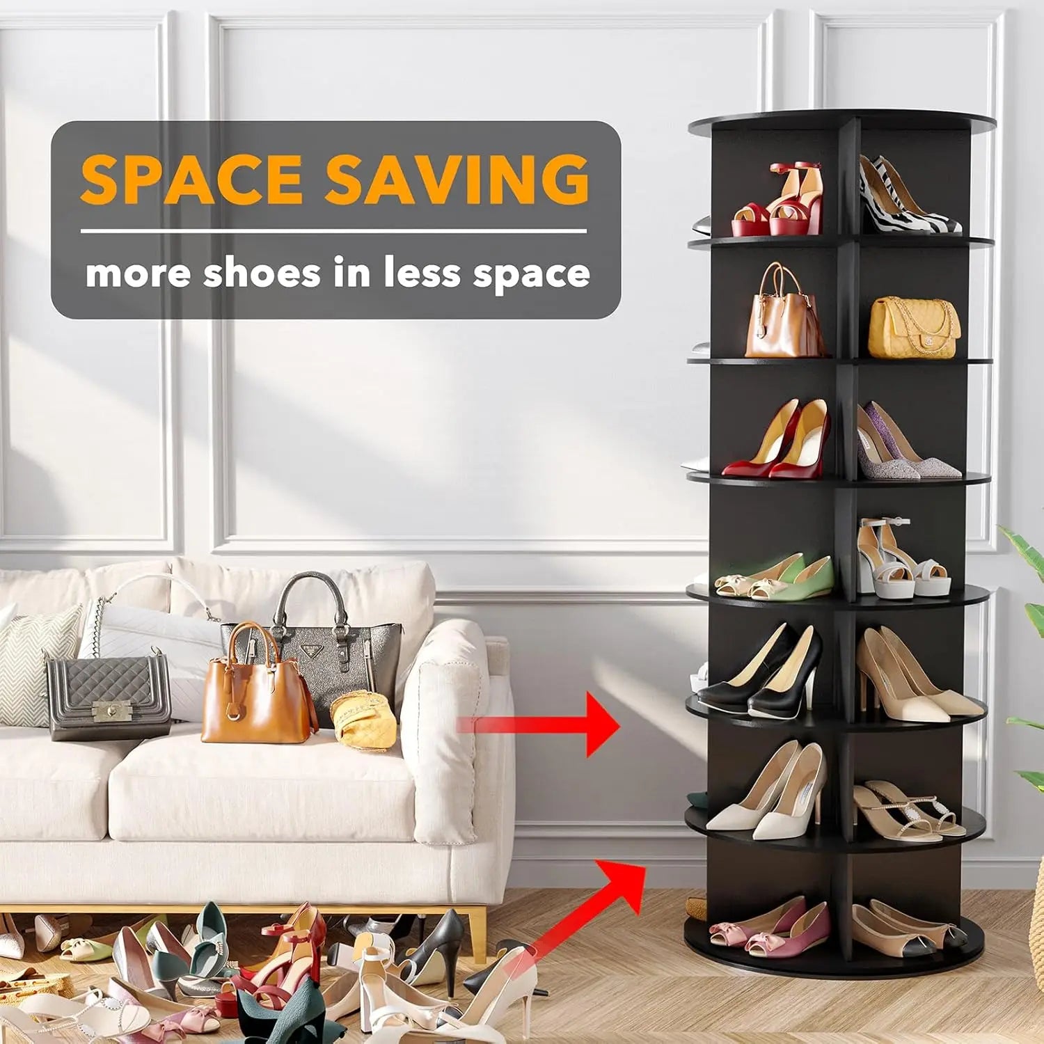 7-Tier Rotating Shoe Rack Tower, 360° Spinning Storage Organizer, Space-Saving Shoe Carousel for Closet, Black