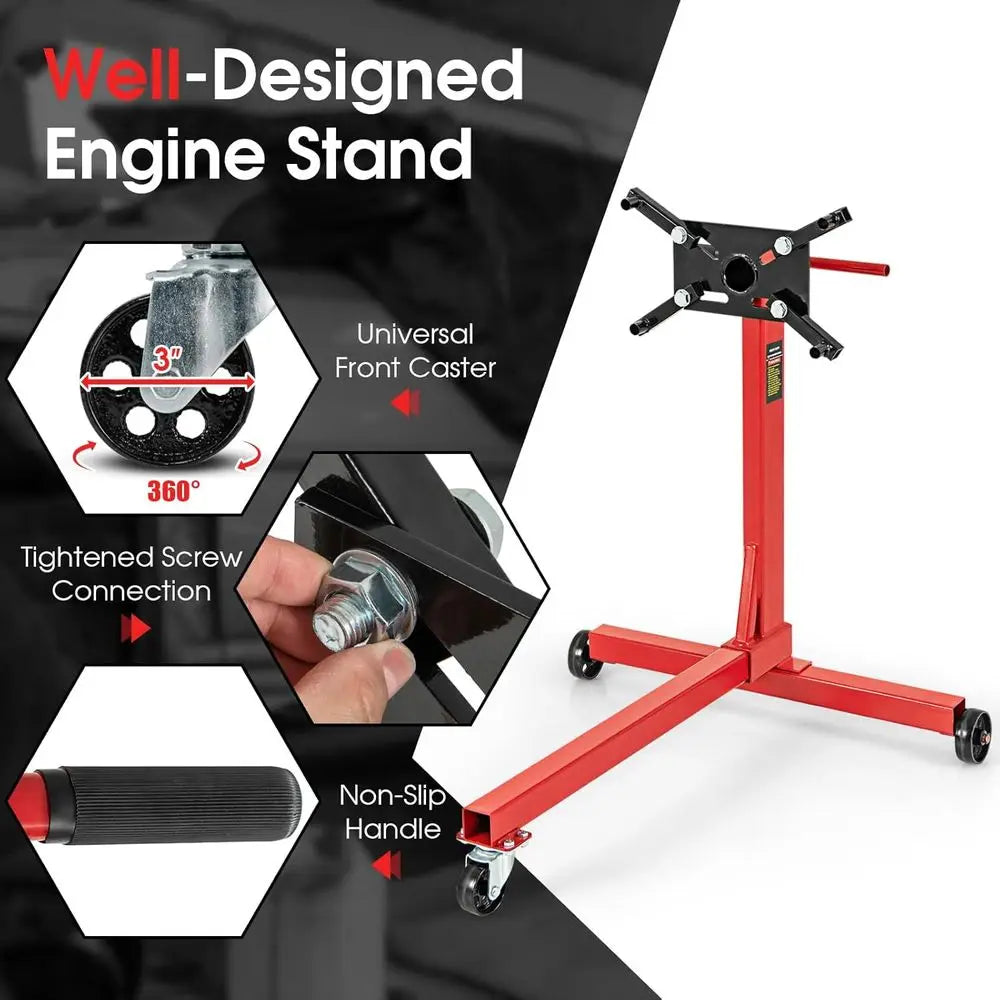 750 lbs Capacity Rotating Engine Stand with Adjustable Arms and Wheels for Auto Repair - Red