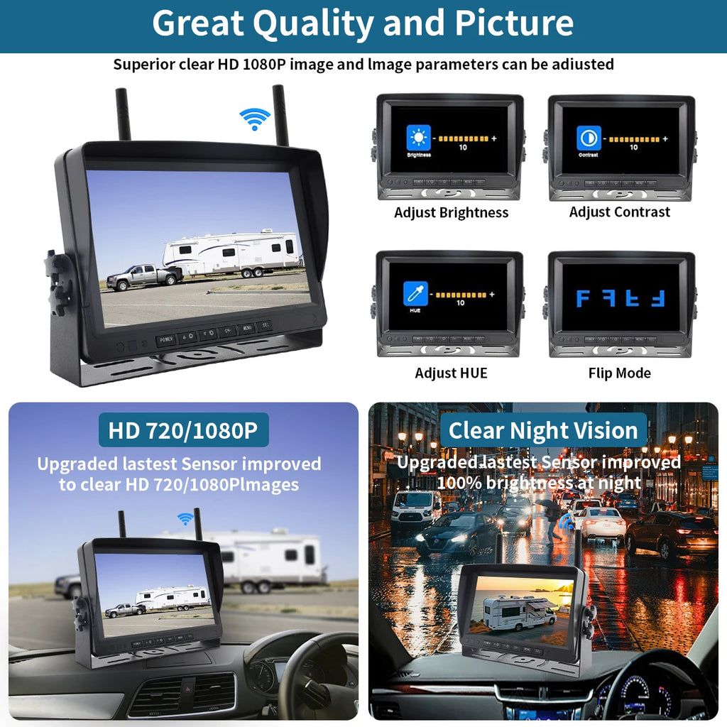 Manufacture Supply AHD 7" Night Vision Wireless Backup Car Reversing Camera Security Parking Video Monitoring for RV Motorhome