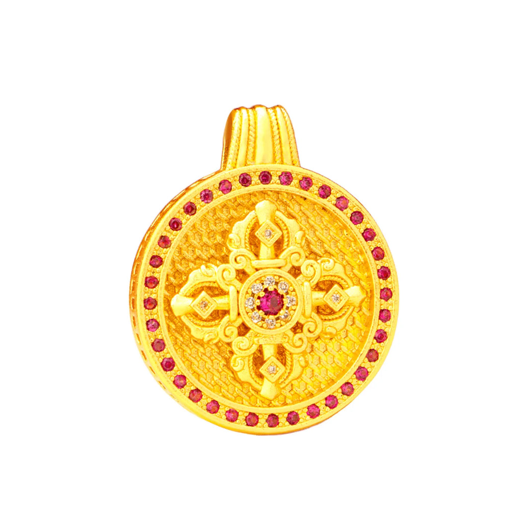 Luxurious 9999 24K real gold rotatable red stone vajra compass necklace high-end retro female pendant