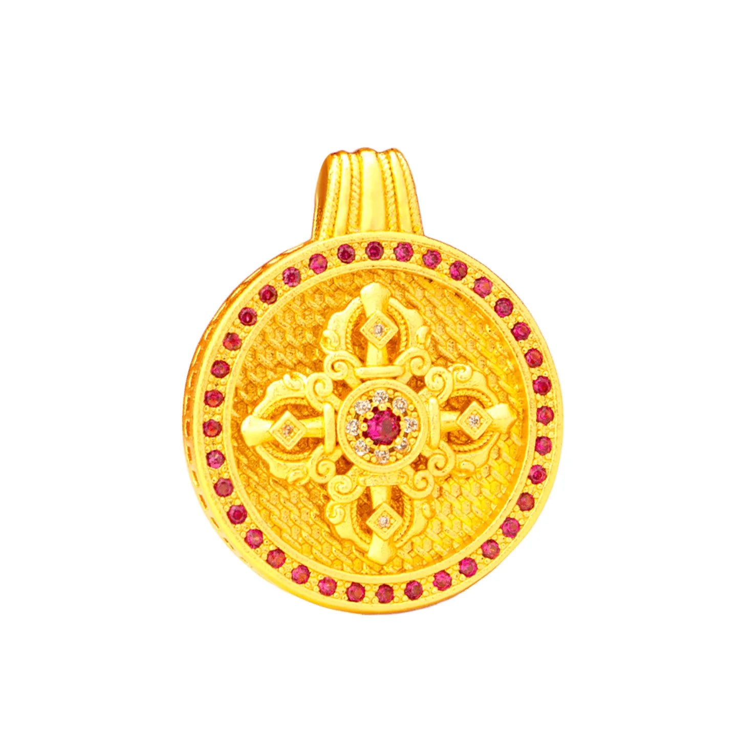 Luxurious 9999 24K real gold rotatable red stone vajra compass necklace high-end retro female pendant