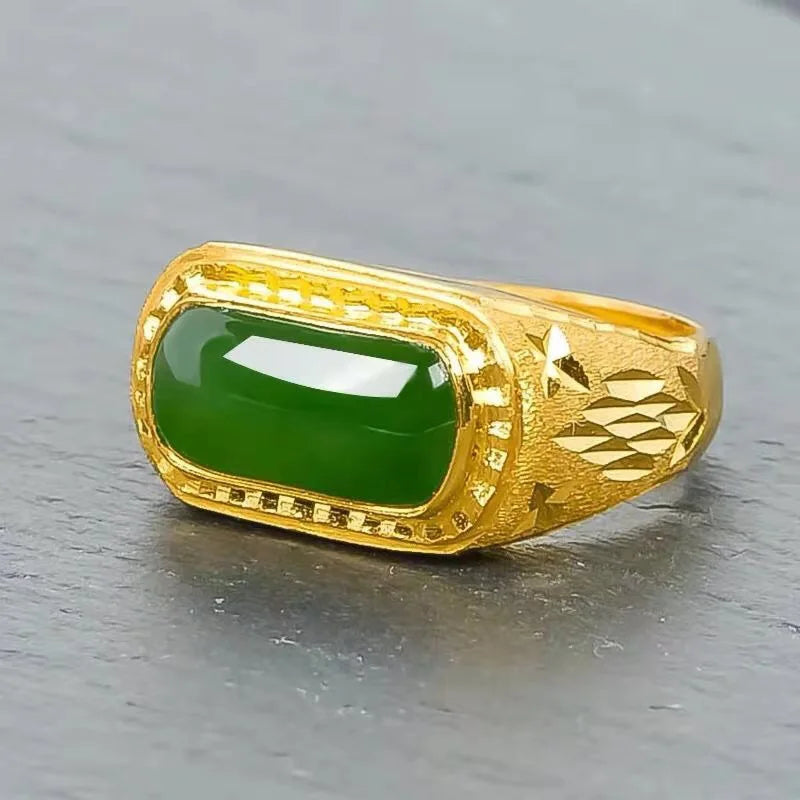 Men's 24K Gold Adjustable Jasper Ring, AU999 | Engraved "Mystery" with hidden star-trail motifs.