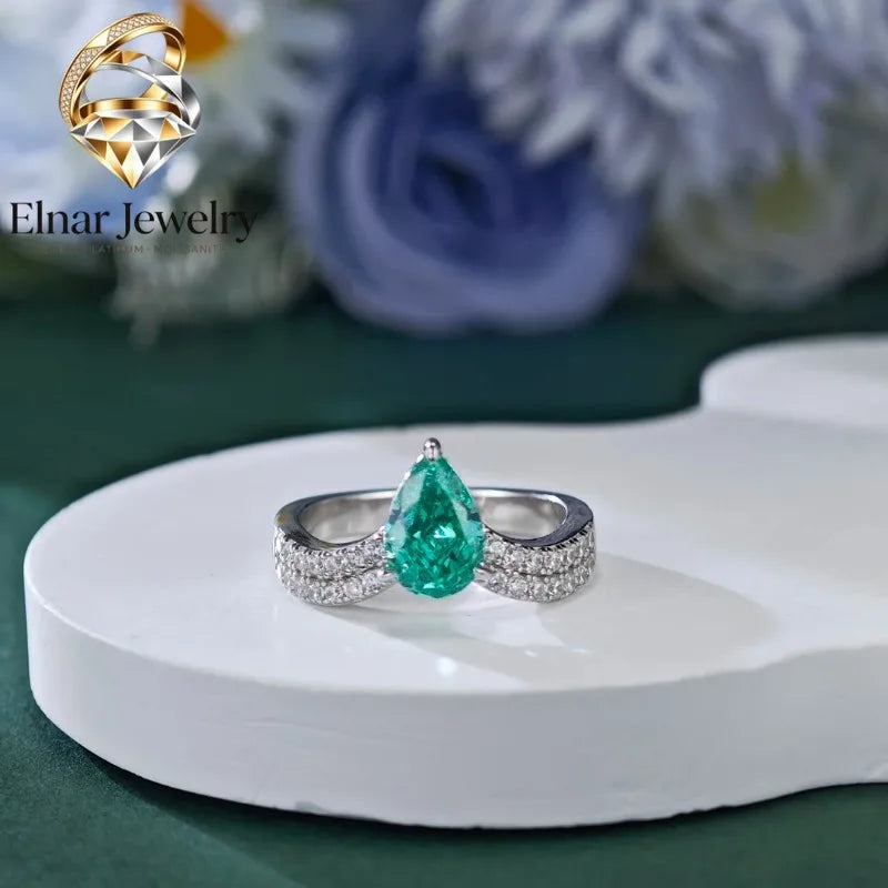 Elnar Jewelry 1.5Ct 6*9mm Pear Cut Green Artificial Gem Ring Solid 925 Sterling Silver Jewelry Wedding Ring HR273