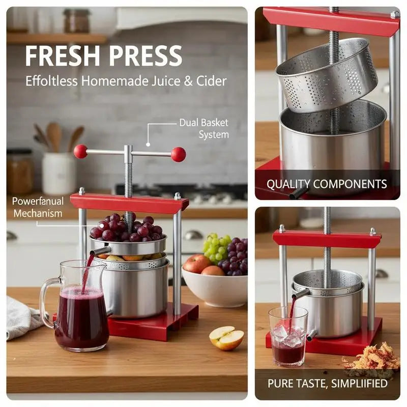 3L Manual Juice Extractor 0.8 Gallon For Home Kitchen Orchard Vineyard, Double Barrels Cider Press Apple Grape Tincture Honey Olive Oil Making Tool T-Handle Operation Silver Color Professional Grade Metal Construction