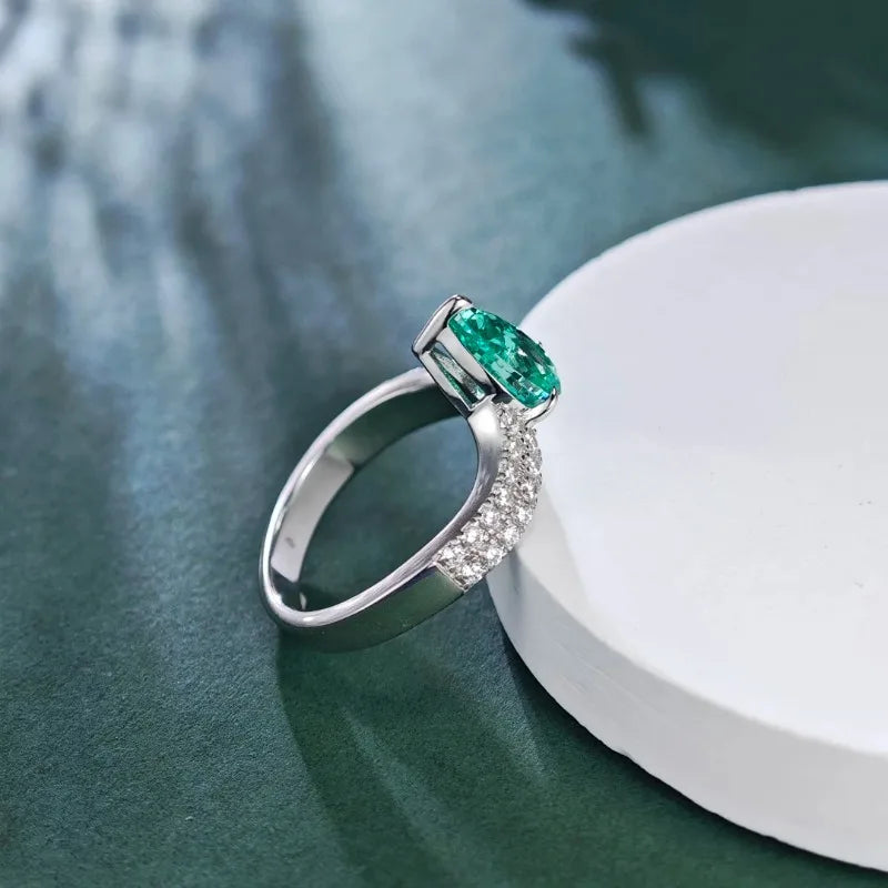 Elnar Jewelry 1.5Ct 6*9mm Pear Cut Green Artificial Gem Ring Solid 925 Sterling Silver Jewelry Wedding Ring HR273