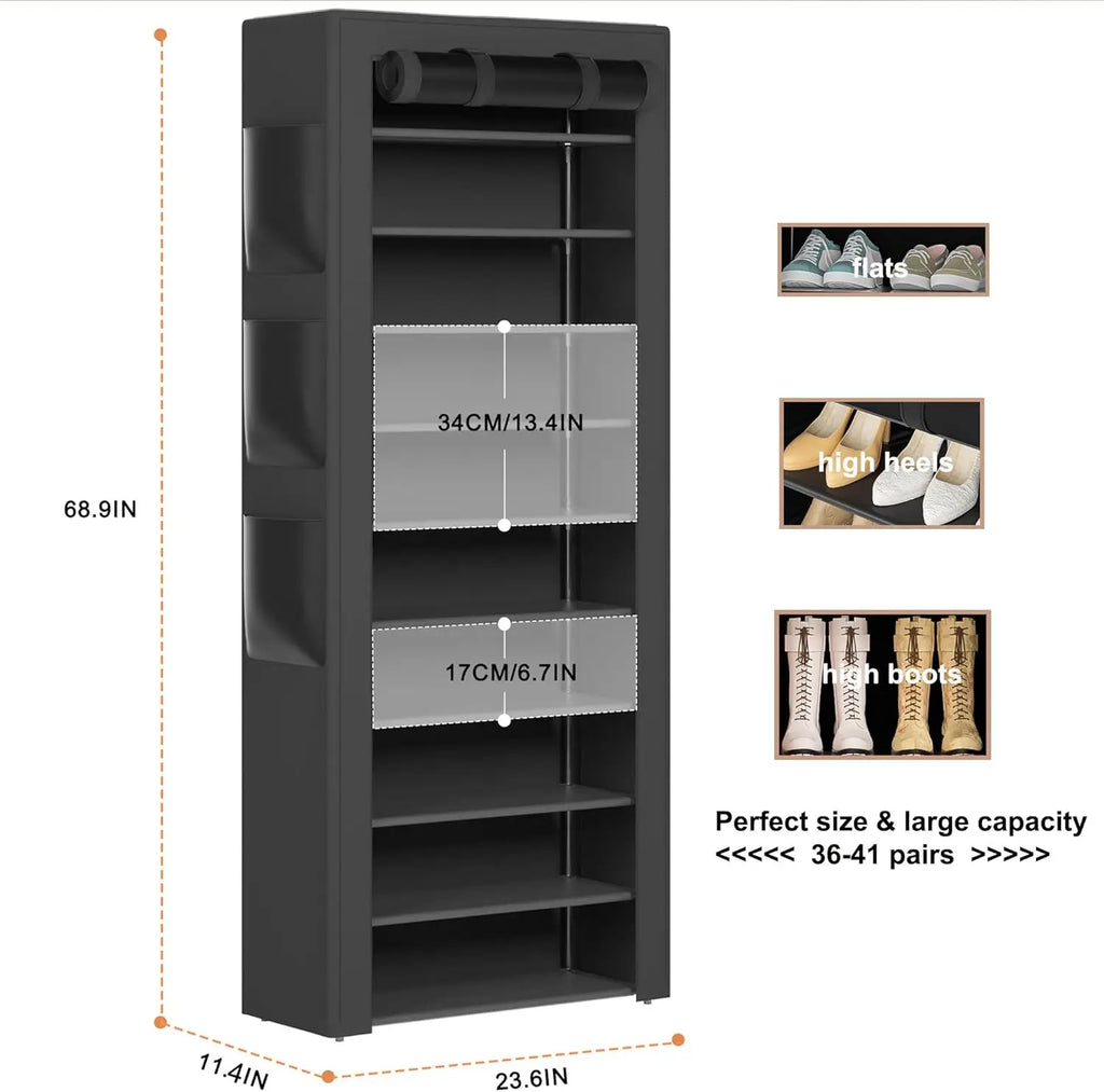 Tall Shoe Rack 10 Tier 36-41 Pairs Black with Side Pockets