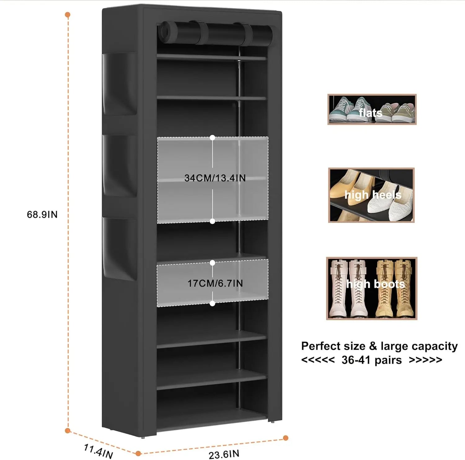 Tall Shoe Rack 10 Tier 36-41 Pairs Black with Side Pockets