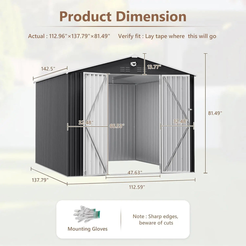 10x12 FT Metal Outdoor Storage Shed Waterproof Garden Tool Shed Lockable Doors Customizable Space Yard Organization