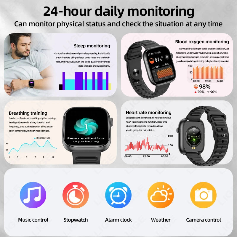 LIGE Smart Watch Man 1.83” HD Screen Custom Watch Face Women’s Health Monitor Watch Bluetooth Call Sports Smartwatches Fashion