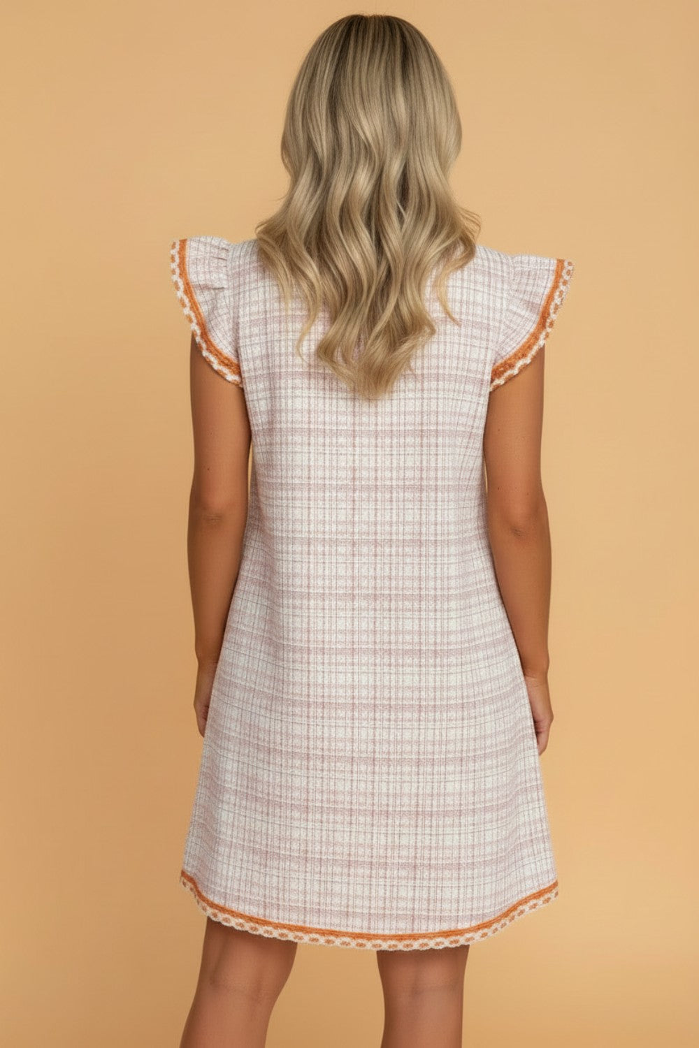Plaid Textured Contrast Trim Tassel-Tie Mini Dress