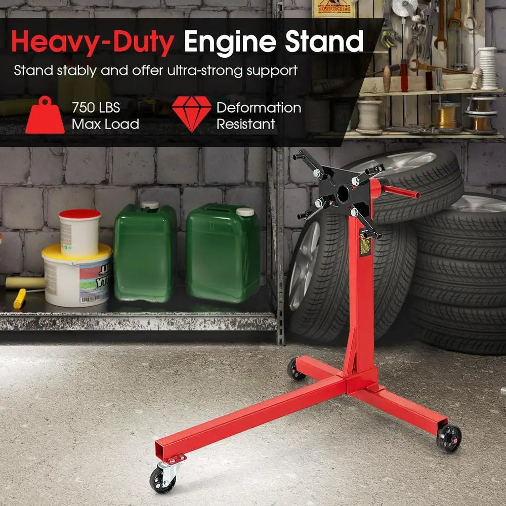 750 lbs Capacity Rotating Engine Stand with Adjustable Arms and Wheels for Auto Repair - Red