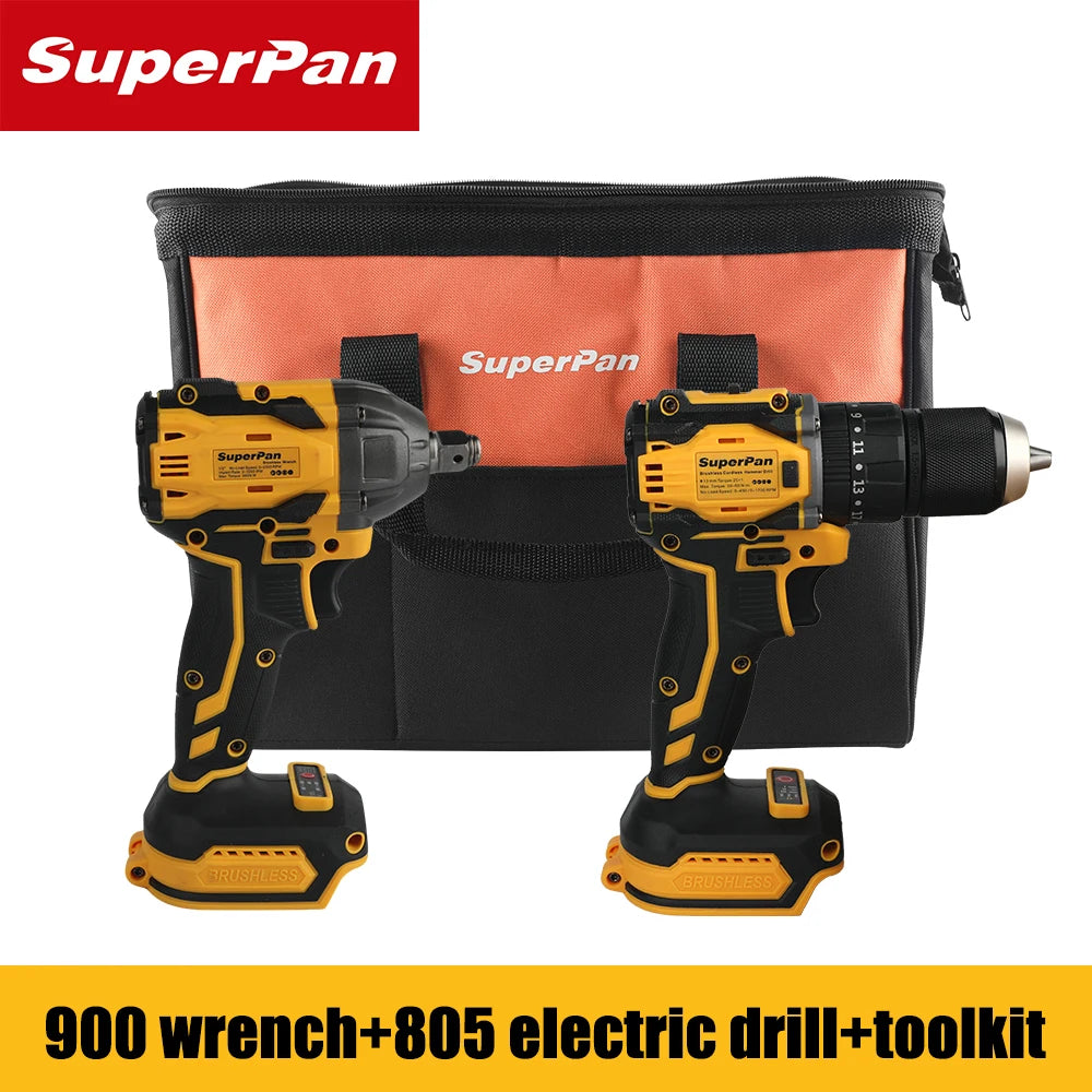 SuperPan Brushless Motor Impact Wrench & Drill Combo Bare Tool,with Tool Bag,High Efficiency Cordless Tools for Construction