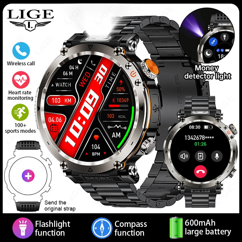 LIGE New Outdoor Men‘s Smart Watch 600mAh Battery Compass Watches IP68 Waterproof Bluetooth Call Sports Smartwatch For Men Women