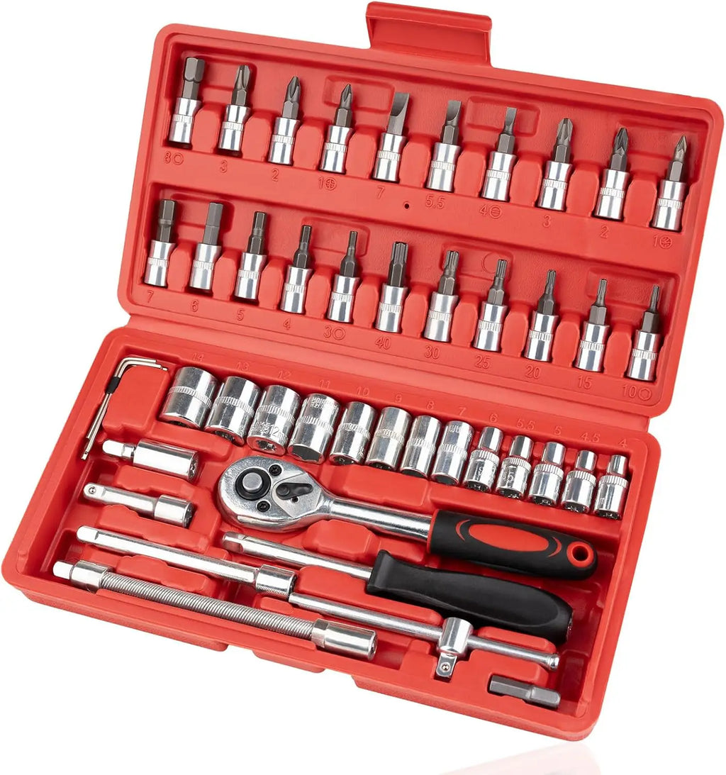 46PCS 1/4 Inch Drive Socket and Ratchet Wrench Set, Small Metric Socket Set with Extension Bar, Compact Tool Kit for Car