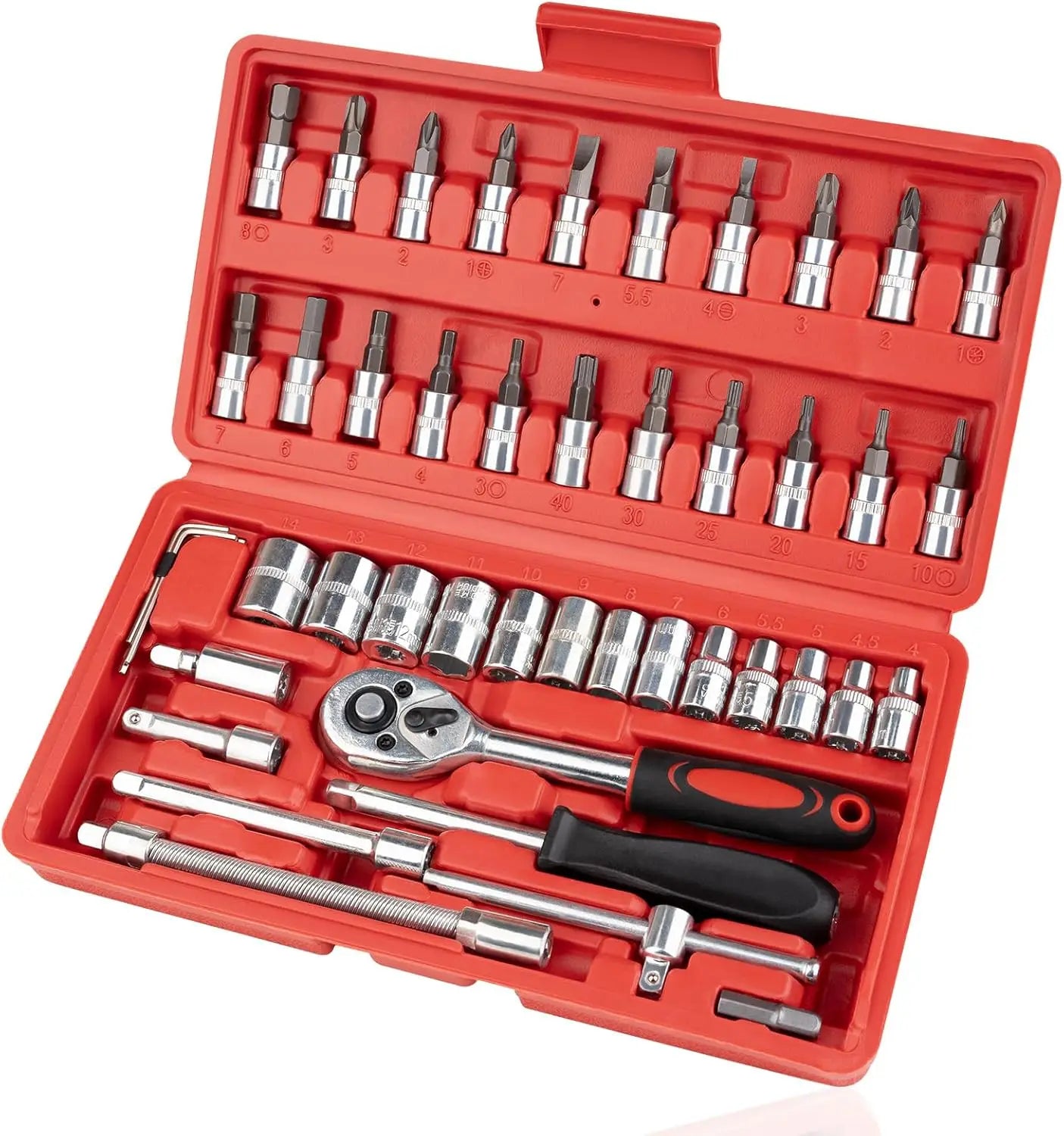 46PCS 1/4 Inch Drive Socket and Ratchet Wrench Set, Small Metric Socket Set with Extension Bar, Compact Tool Kit for Car