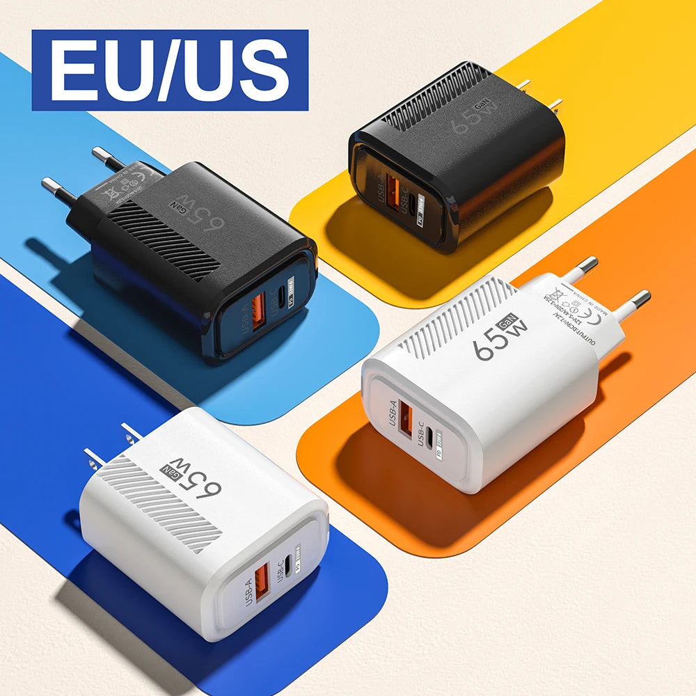PD 65W GaN Charger USB C Fast Chargering Adapter For Samsung S23 S22 iPhone 15 14 Xiaomi Huawei LG Quick Charge 3.0 USB Charger
