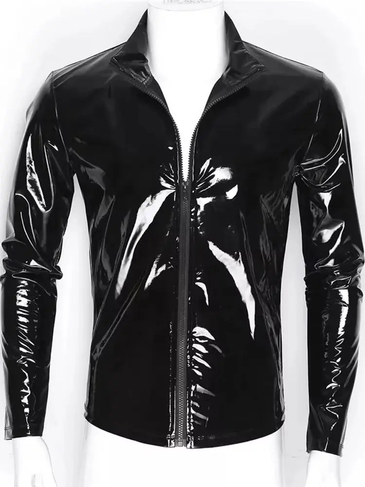 S-7XL Wet Look PVC Long Sleeve Tshirt Shiny PU Leather Motorcycle Jacket Veste Tights Zipper Casaco Jaqueta Chaqueta Hip Hop Tee