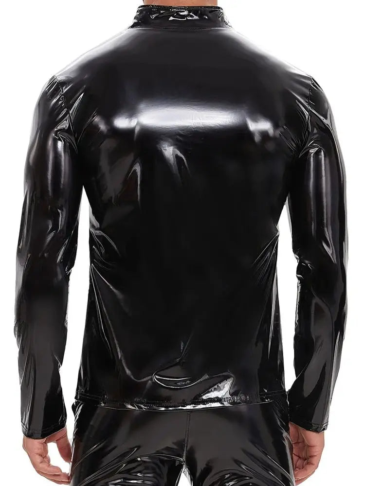 S-7XL Wet Look PVC Long Sleeve Tshirt Shiny PU Leather Motorcycle Jacket Veste Tights Zipper Casaco Jaqueta Chaqueta Hip Hop Tee