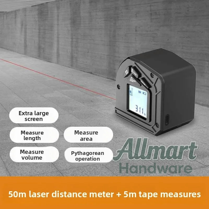 50m Laser Rangefinder with 5m Measuring Tape, Infrared High Accuracy Tool, Portable for Woodworking, Home & Construction Use
