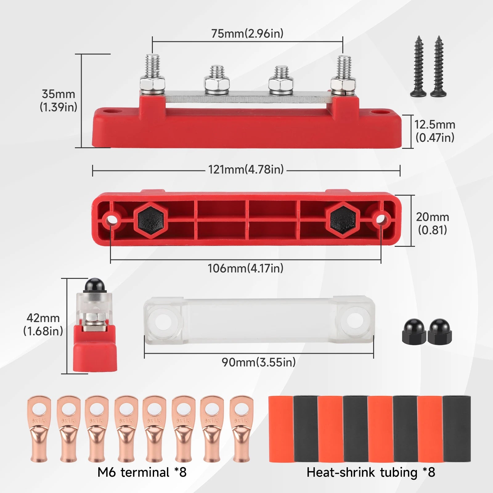 4 Post 48V 150A Power Distribution Block 1/4" M6 Stud Nickel Plated Copper Bus Bar For Marine Car RV Solar Wiring Red Terminal