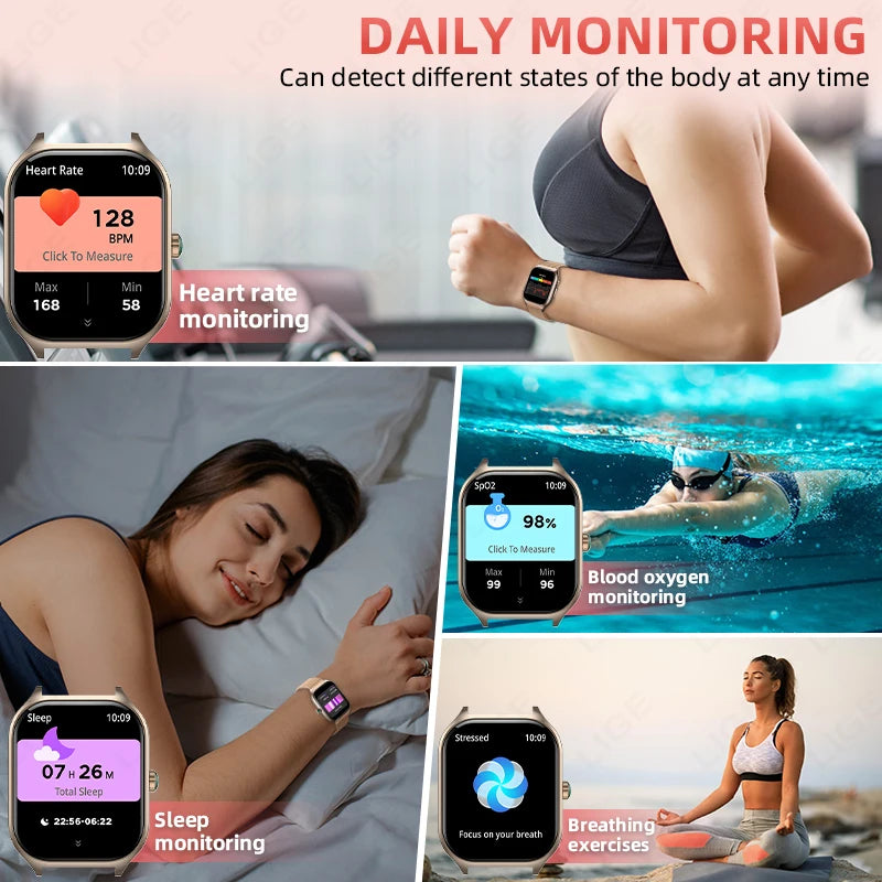 LIGE New 2.01” HD Smart Watch For Men Women Sports Fitness Heart Rate Monitoring Men’s Bracelet Bluetooth Call Ladies Smartwatch
