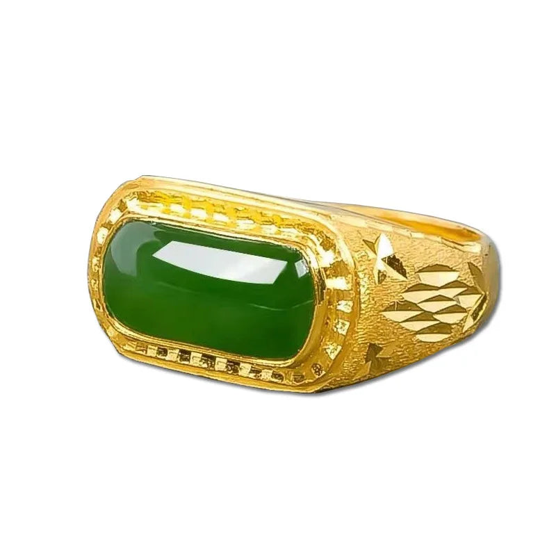Men's 24K Gold Adjustable Jasper Ring, AU999 | Engraved "Mystery" with hidden star-trail motifs.