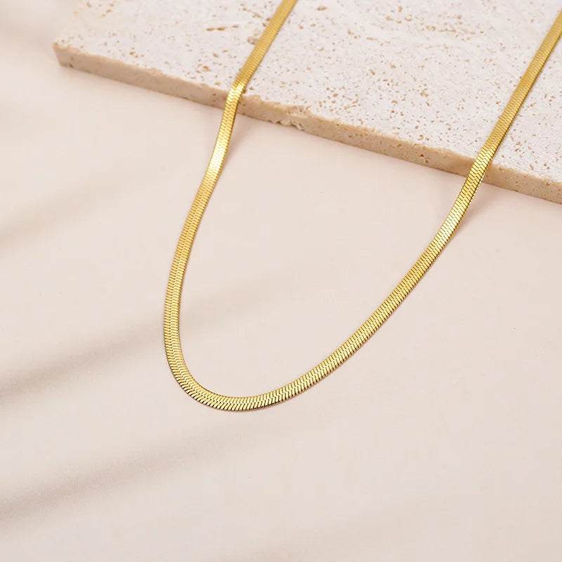 Luxury 24K 9999 Pure Gold real gold Women's Width 3mm Flat Snake Necklace Versatile Blade Necklace Clavicle Chain